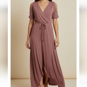 Cato Dusty Rose Maxi Dress Size Medium Cold Shouldered Tie Waist A-frame Cut Hem